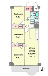 【間取り】 南向きの3LDK住戸です。