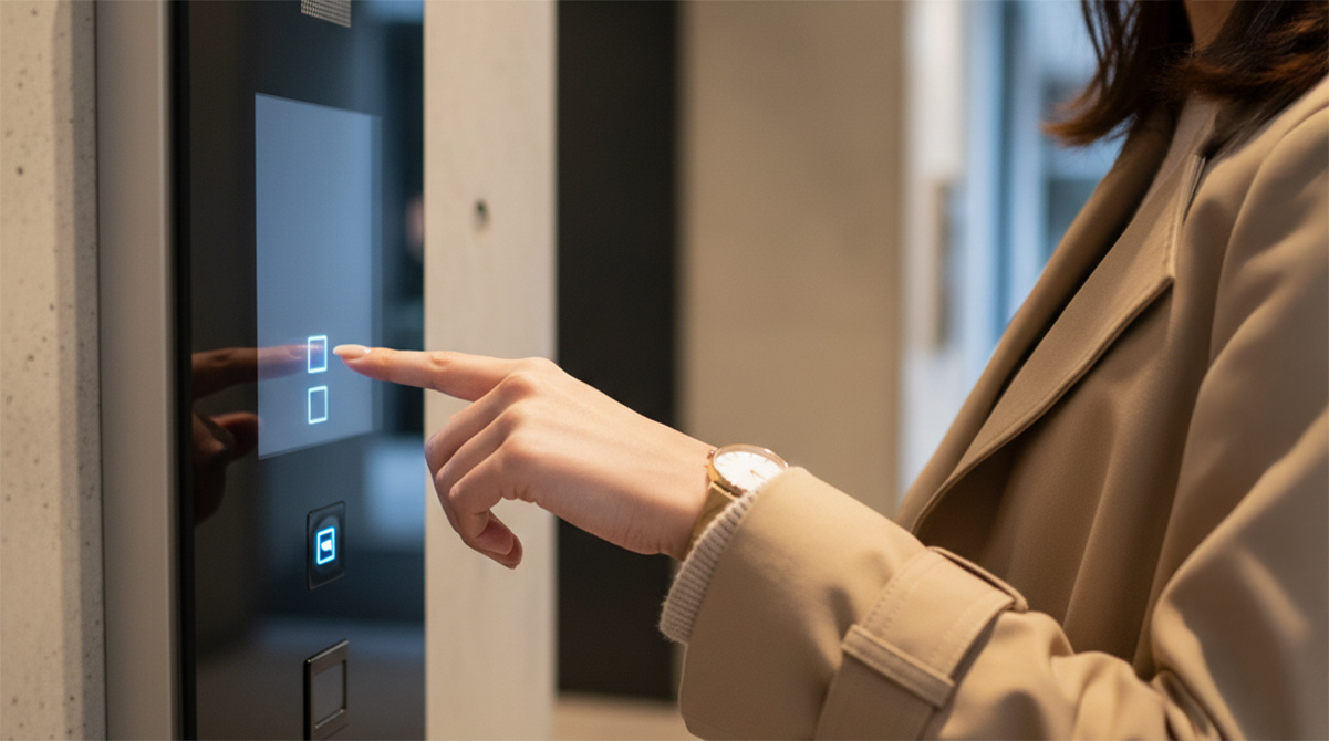 オートロックを操作する女性