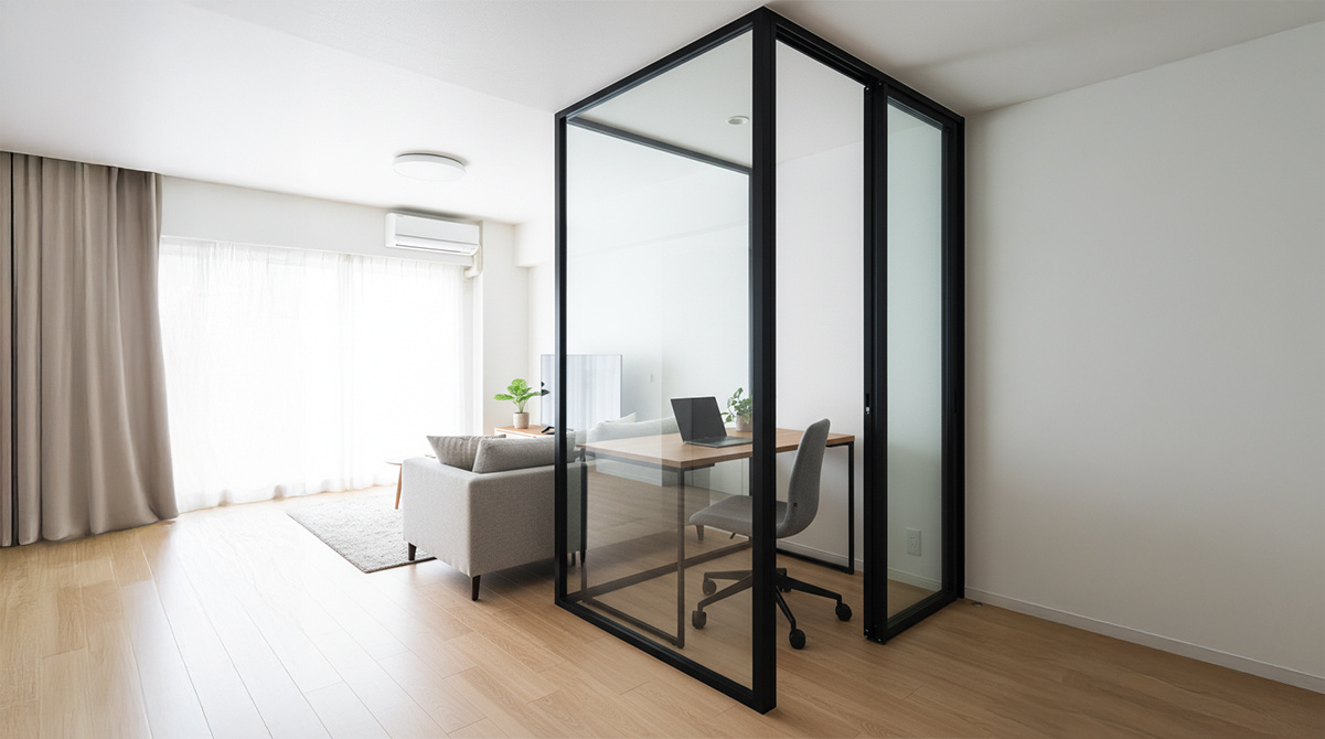 ガラス張りのワークスペースがあるリビング