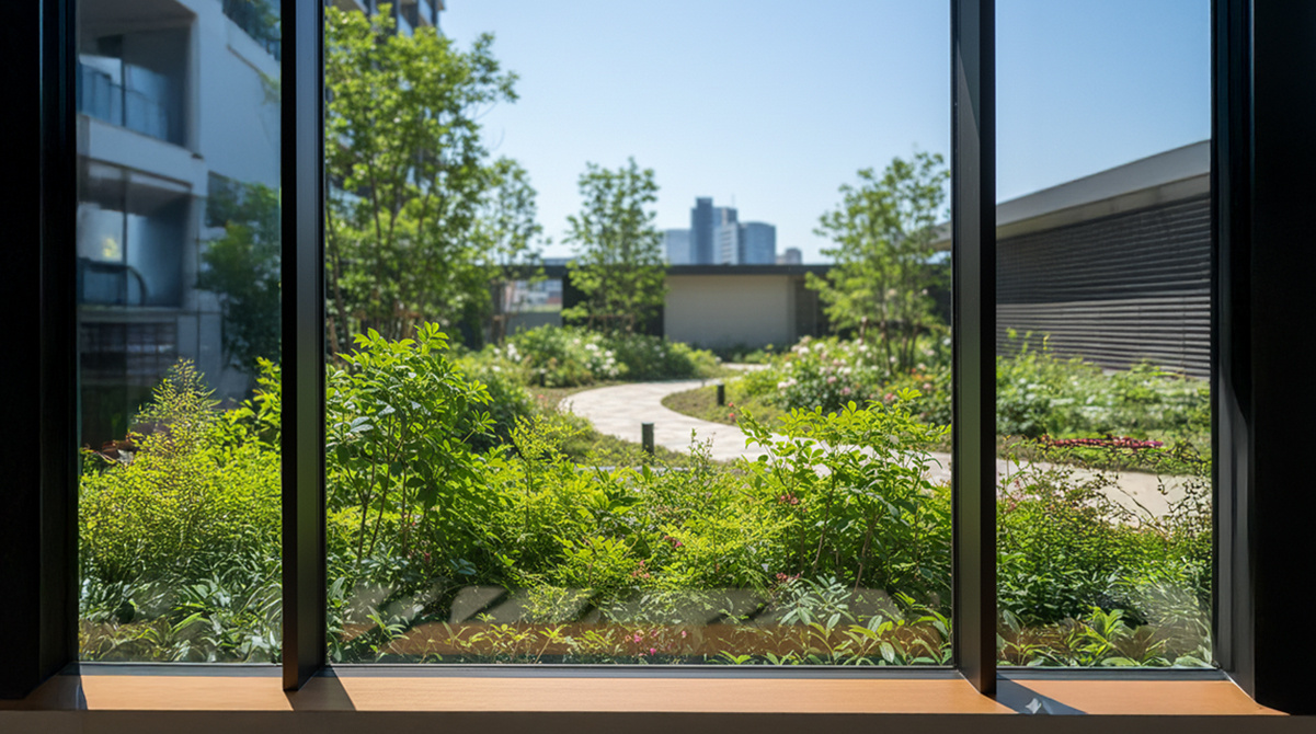 緑が見えるマンションの共用ラウンジ