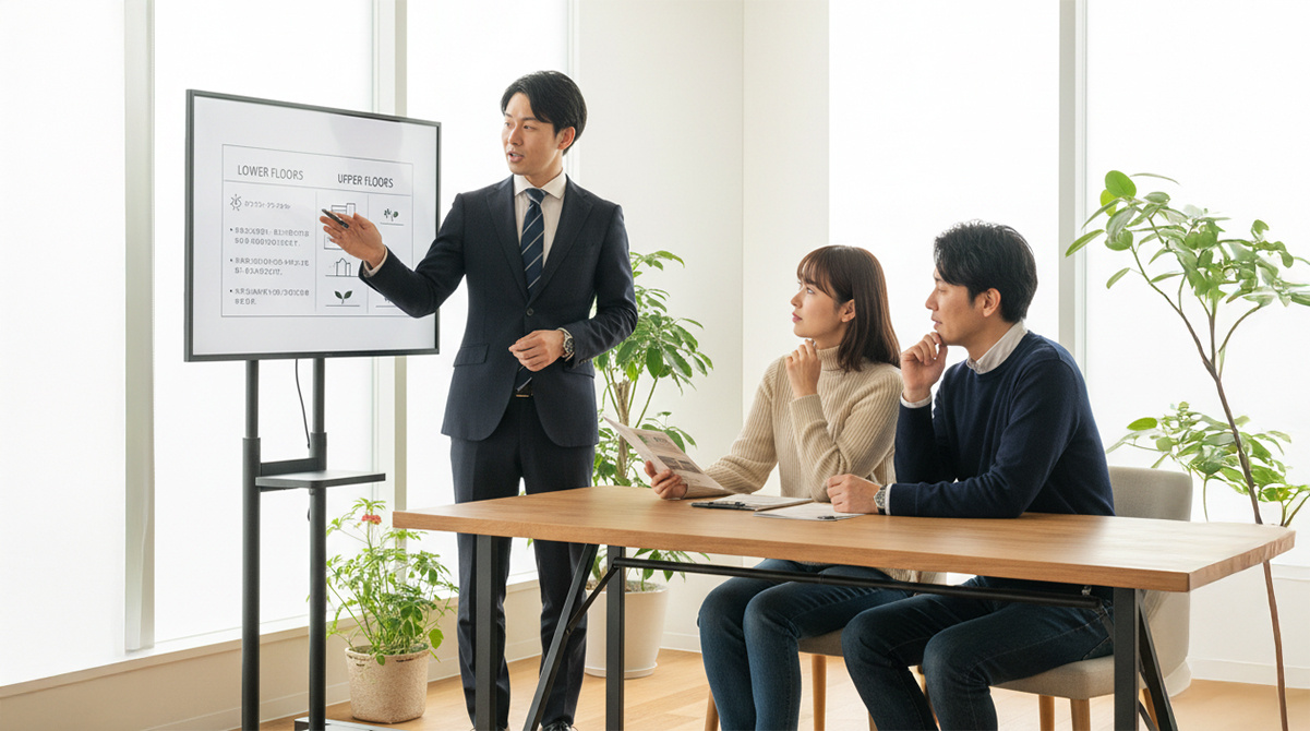 植栽でプライバシーが守られた低層階の窓