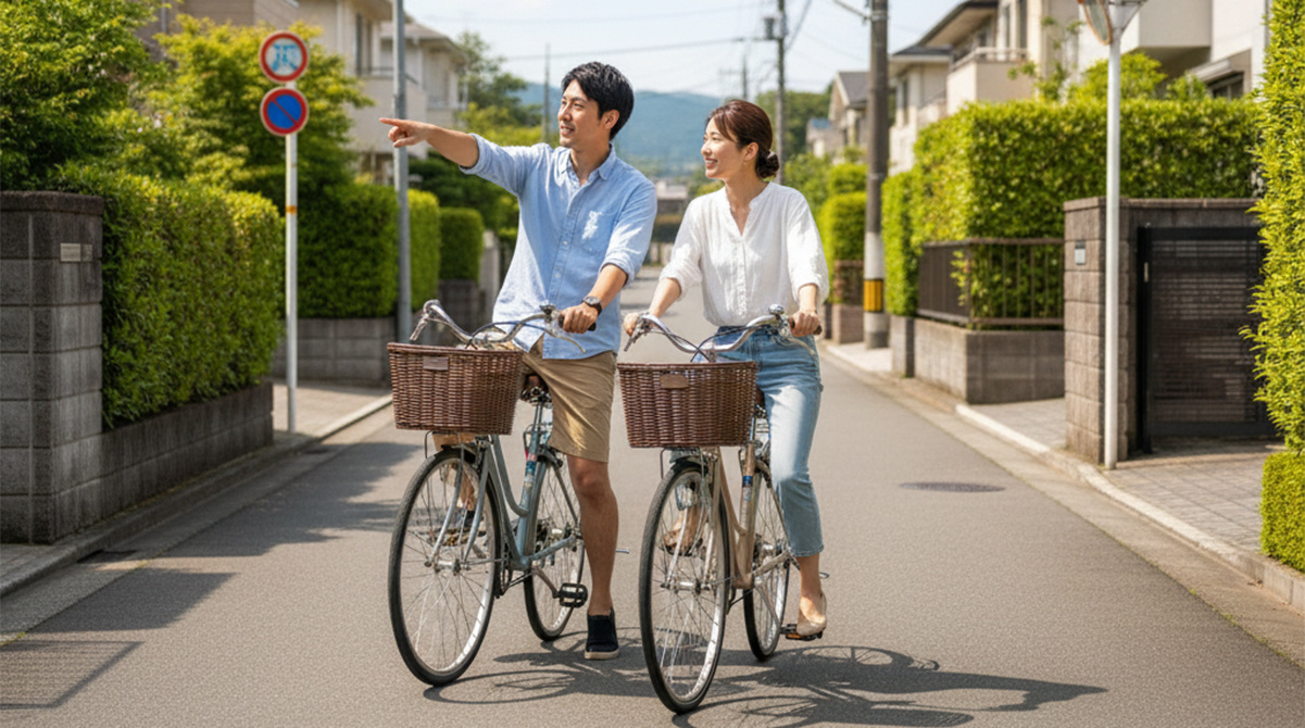 自転車で周辺環境を確認する夫婦