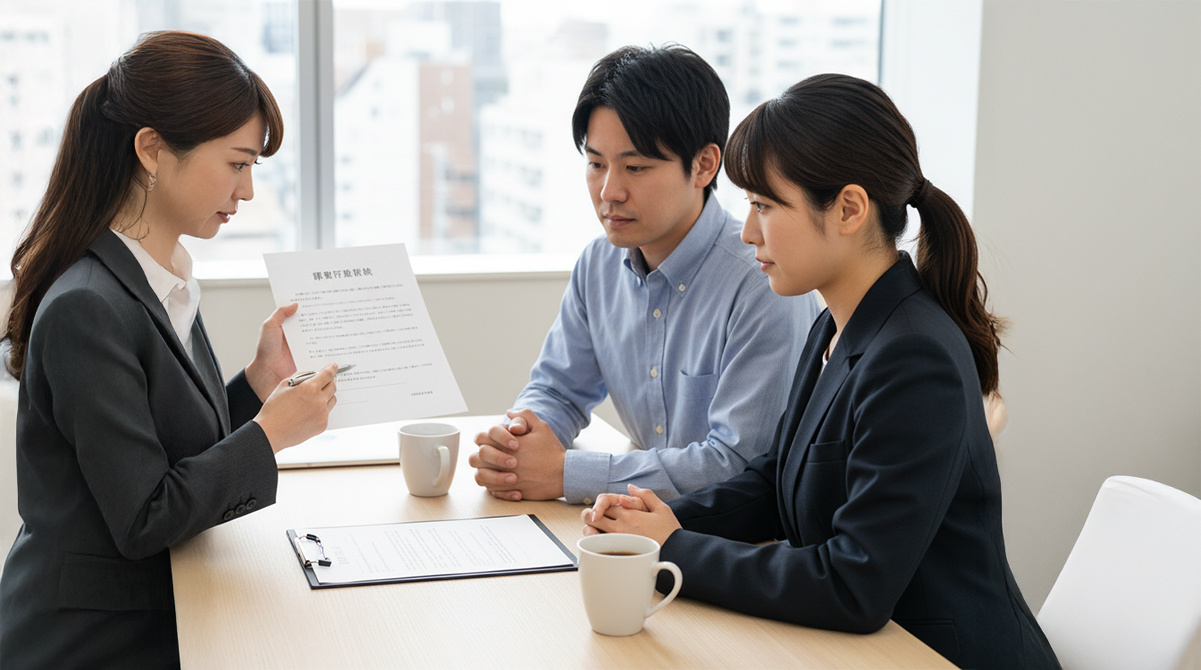 不動産契約の説明を受ける夫婦