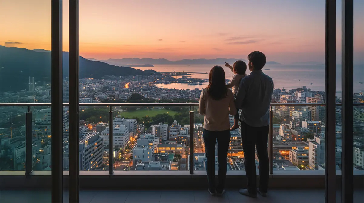 新しい家から芦屋の夕景を眺める家族