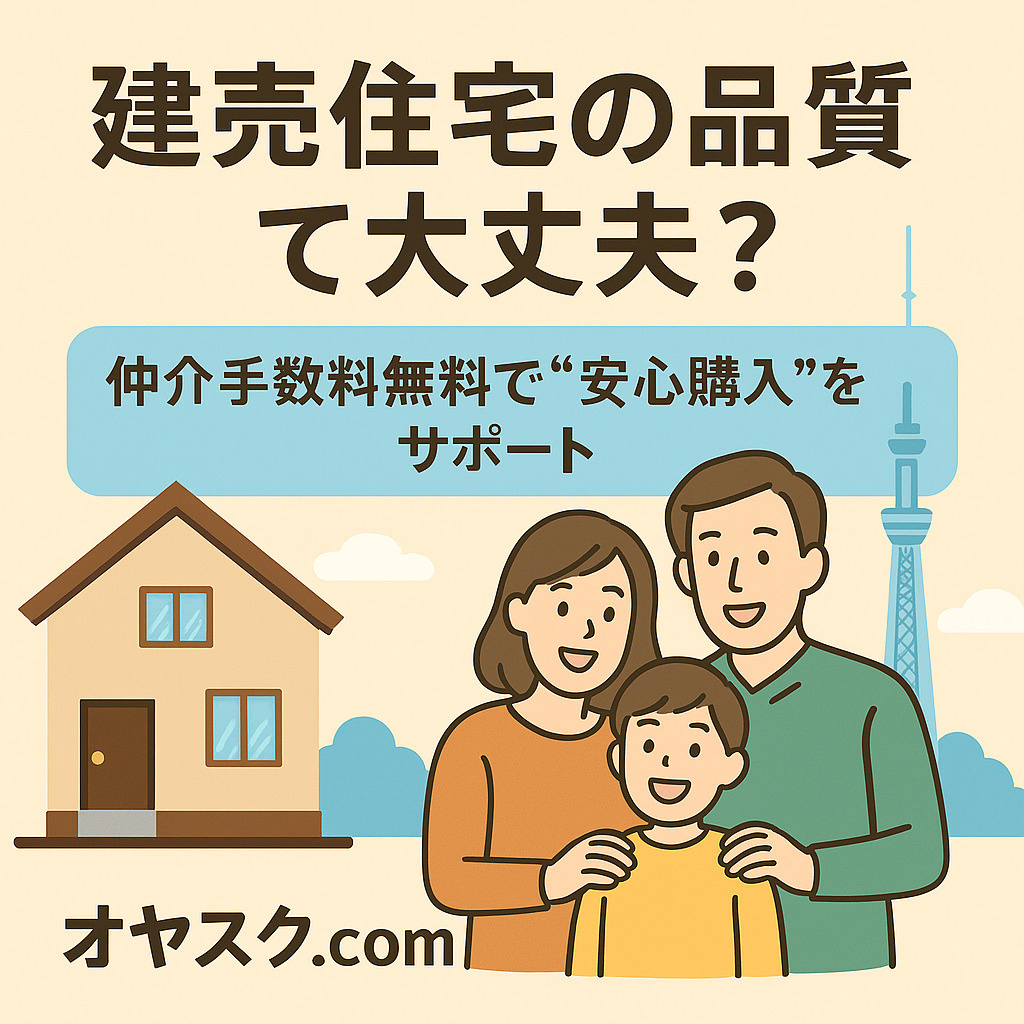 建売住宅の品質や見極め方に不安を持つ方へ向け、 オヤスク.comが仲介手数料無料で安心して家を購入できる方法を紹介するイメージ画像。 スカイツリーを背景に、笑顔の家族と新築戸建を描いた温かい雰囲気のビジュアル。
