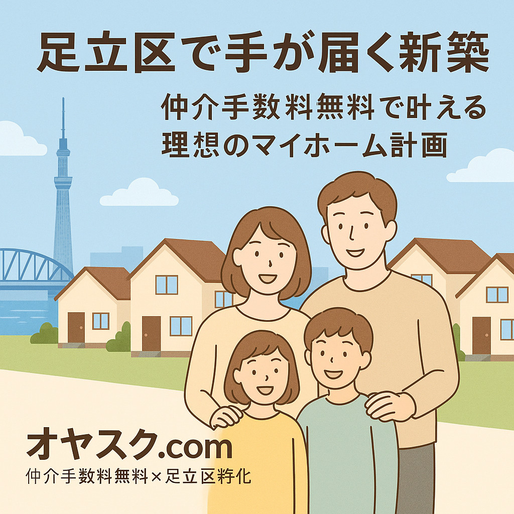 足立区の人気エリア(北千住・西新井・竹ノ塚・舎人)で新築戸建を検討する人に向けた、 オヤスク.comの仲介手数料無料サービスを紹介する不動産プロモーション画像。 スカイツリーと荒川の橋を背景に、新築住宅の前で家族が微笑むシーン。