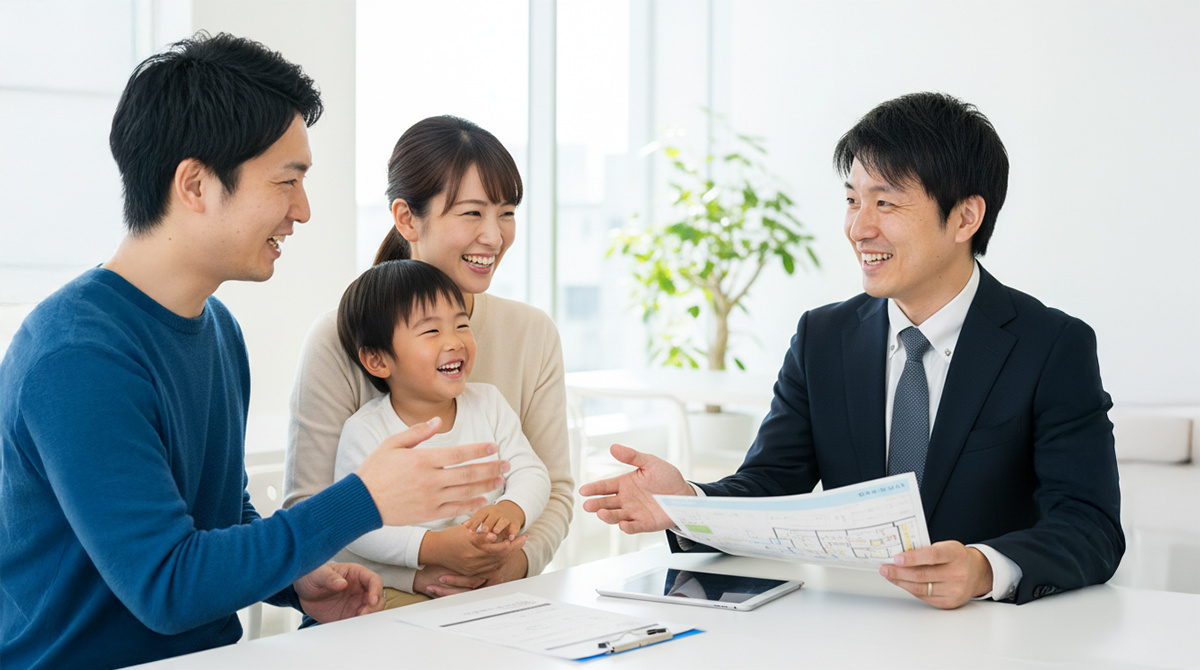 芦屋での理想の暮らしについて専門家と話す家族