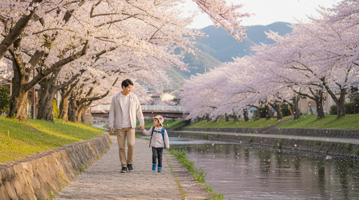 桜の咲く芦屋川沿いを散歩する親子