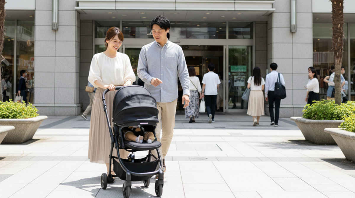 JR芦屋駅前を歩く子育てファミリー
