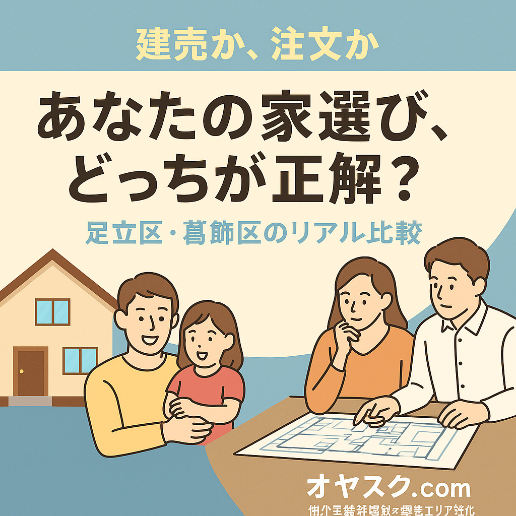 2025年の城東エリア(足立区・葛飾区など)で、 建売住宅と注文住宅のどちらを選ぶべきかを比較するオヤスク.comのプロモーション画像。 左に完成済の建売住宅、右に設計図を広げる夫婦を描いたイラストで、 「仲介手数料無料×後悔しない家選び」を訴求。