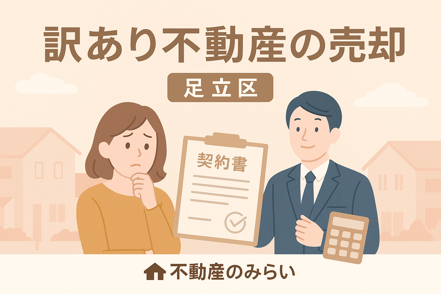 足立区の住宅街を背景に、心配そうな男性と説明する不動産スタッフを描いたイメージ。「訳あり不動産とは? 足立区」の文字入りで、不動産のみらいのロゴを配置。