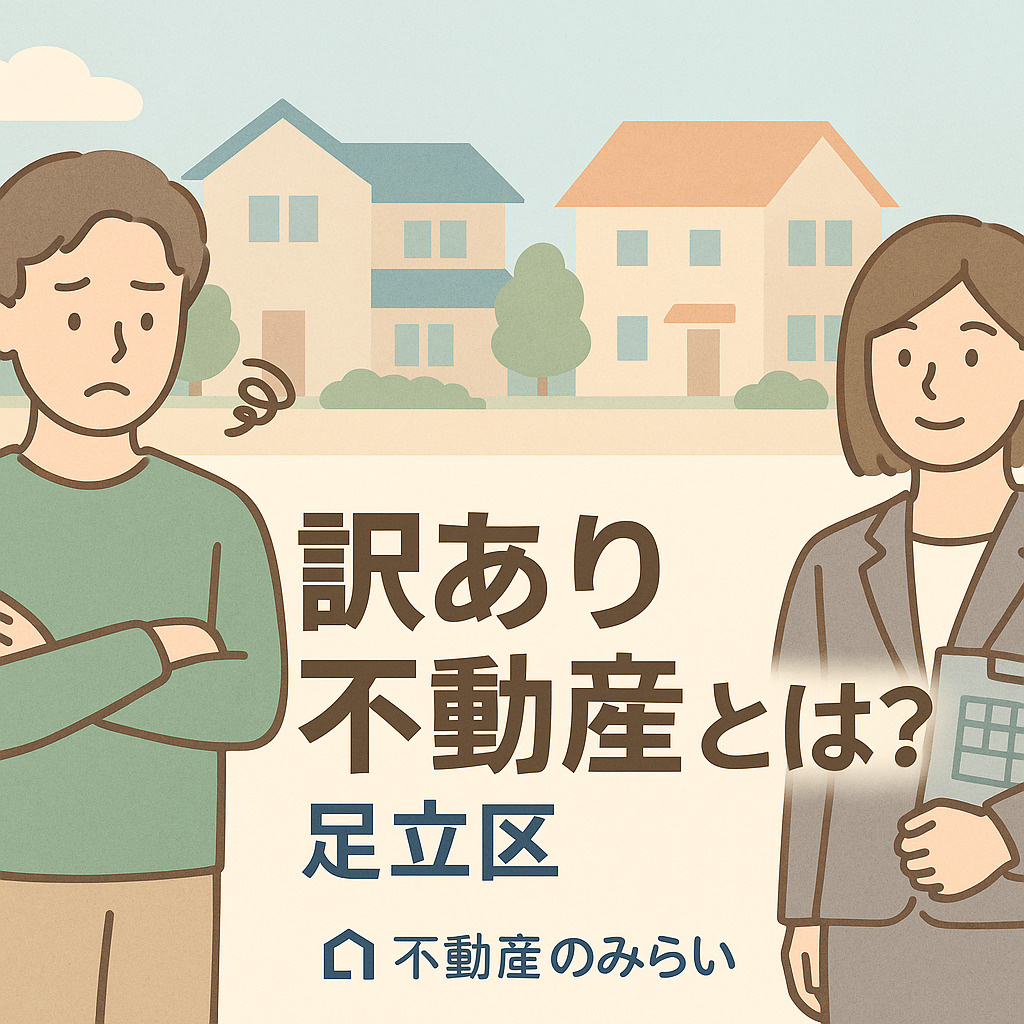 足立区の住宅街を背景に、心配そうな男性と説明する不動産スタッフを描いたイメージ。「訳あり不動産とは? 足立区」の文字入りで、不動産のみらいのロゴを配置。