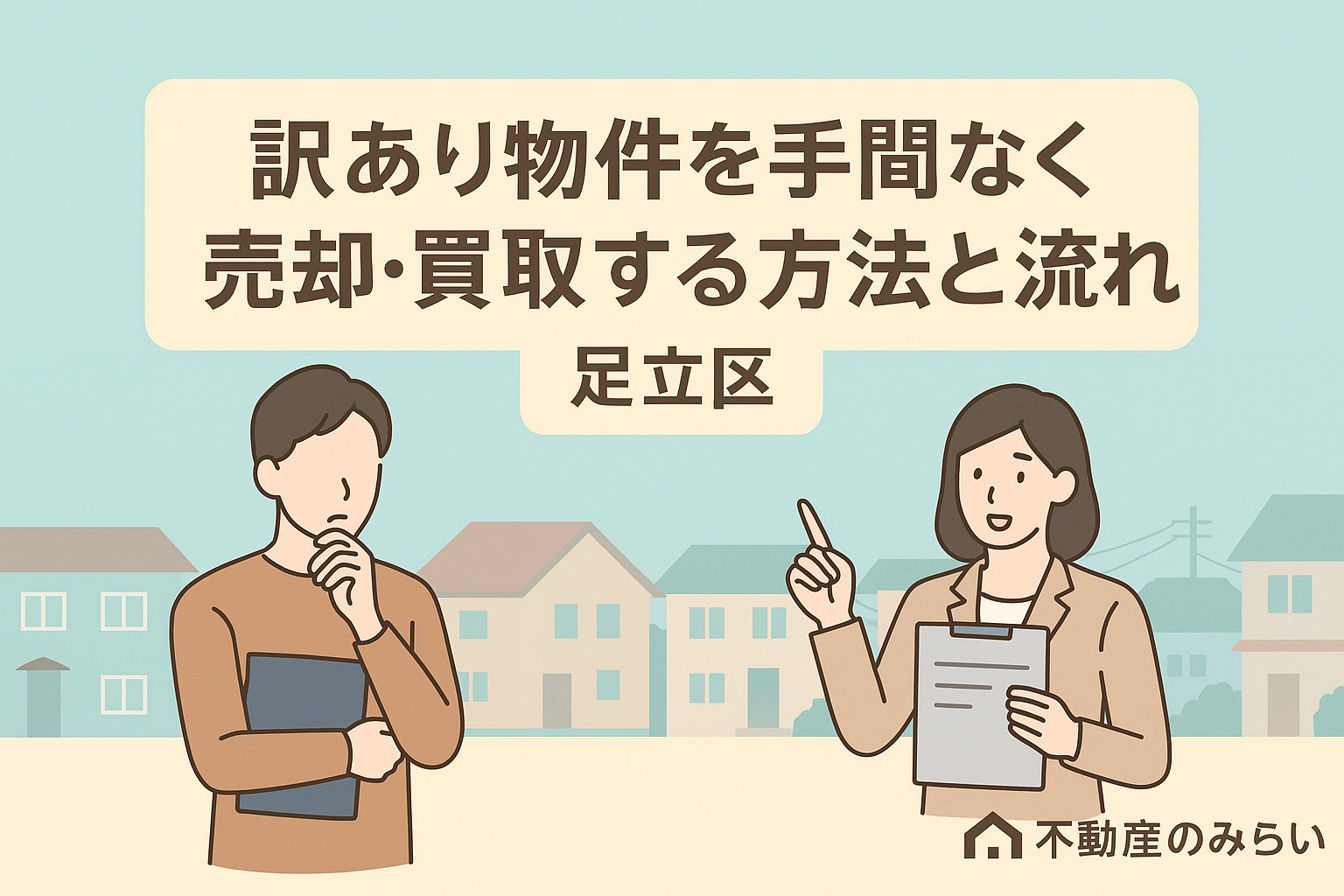 足立区の住宅街を背景に、書類を手に説明する不動産スタッフと、考え込む売主が向き合うイメージ。「訳あり物件を手間なく売却・買取する方法と流れ 足立区」の文字入り。 次は第3章(成功事例とポイント)の画像を生成しますか?