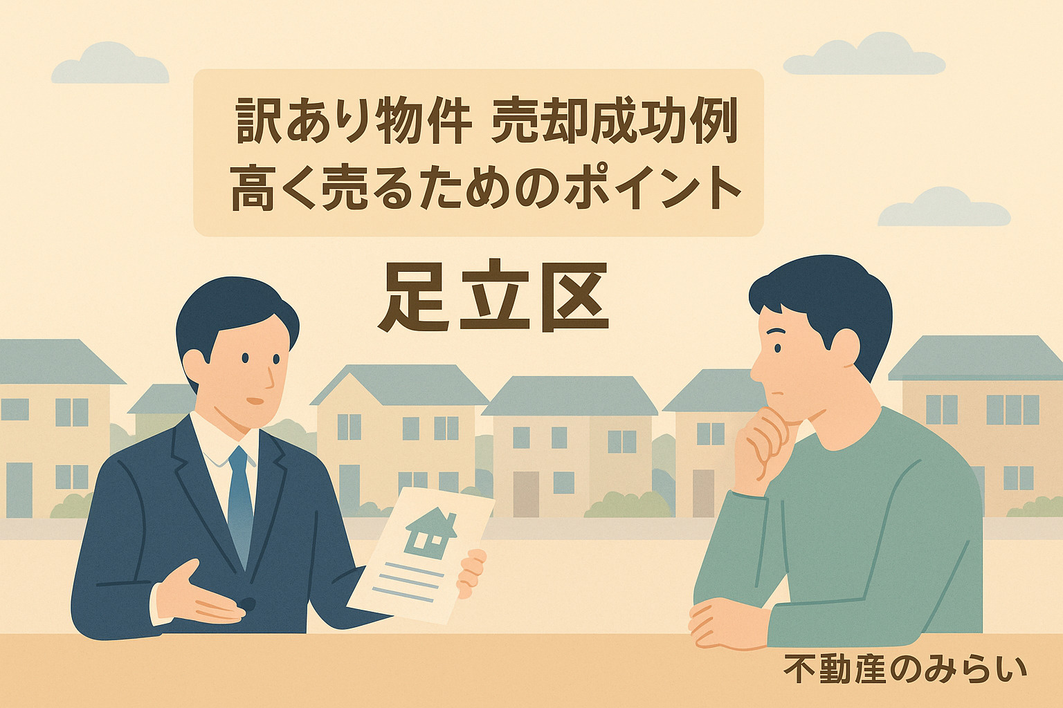 足立区の住宅街を背景に、やわらかいパステルトーンで描かれた売主と不動産スタッフが笑顔で握手するシーン。「訳アリ物件の売却 成功事例とポイント」の文字入りで、不動産のみらいロゴを配置。