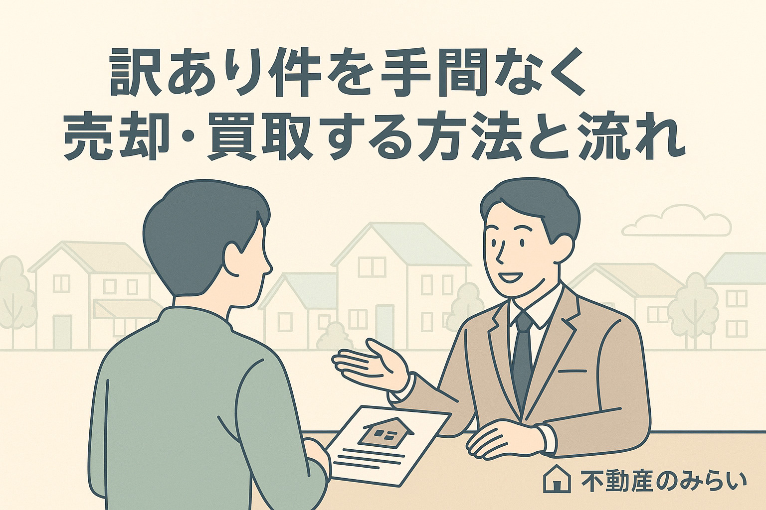 契約書と住宅を前に、不動産スタッフが注意点を説明しているシーン。「訳アリ物件の売却 注意点とリスク回避策」の文字入りで、不動産のみらいロゴを配置したパステルトーンのイメージ。