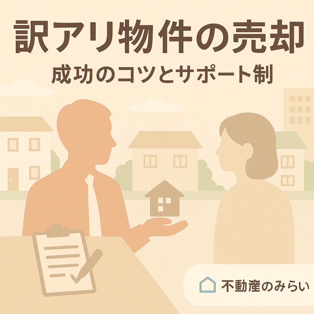 柔らかいパステルトーンで描かれた住宅街を背景に、不動産スタッフが売主にアドバイスをする様子。「訳アリ物件の売却 成功のコツとサポート体制」の文字入りで、不動産のみらいロゴを配置。