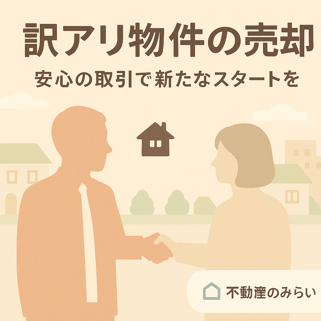 柔らかいパステルトーンで描かれた住宅街を背景に、笑顔の売主と不動産スタッフが握手するシーン。「訳アリ物件の売却 安心の取引で新たなスタートを」の文字入りで、不動産のみらいロゴを配置。