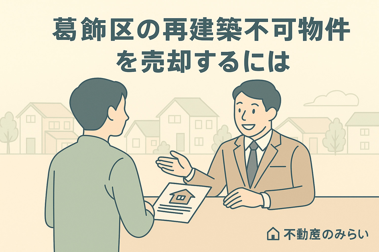 葛飾区新小岩の街並みを背景に、売主へ売却の流れを説明する不動産スタッフのシルエット。右下に不動産のみらいロゴ入り。