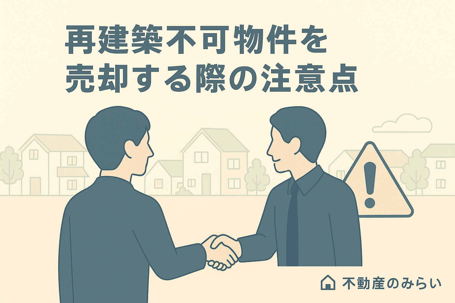 葛飾区堀切菖蒲園の住宅街を背景に、書類を確認しながら注意点を説明する不動産スタッフと売主のシルエット。青×グレー基調。不動産のみらいロゴ入り。