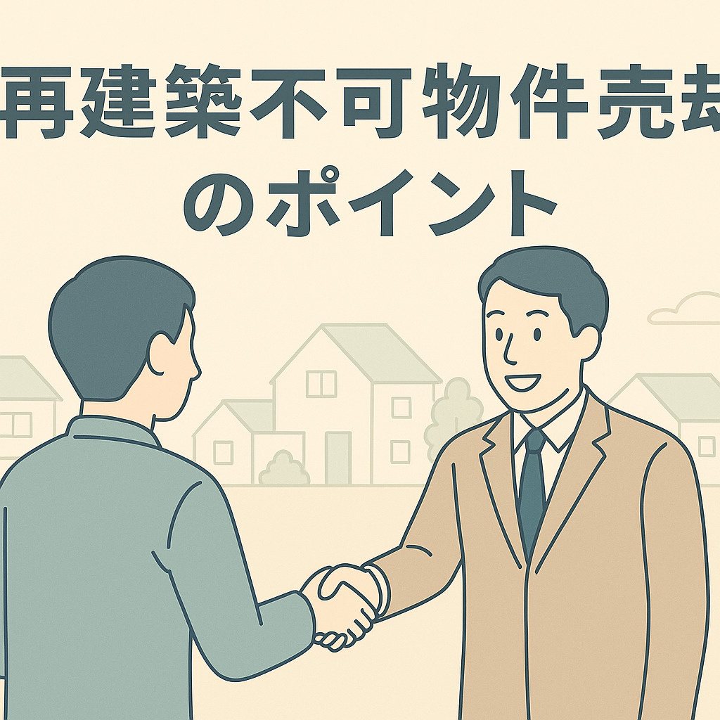 葛飾区お花茶屋の住宅街を背景に、不動産のみらいスタッフが協力して売却を進める様子のシルエット。ロゴ入り。