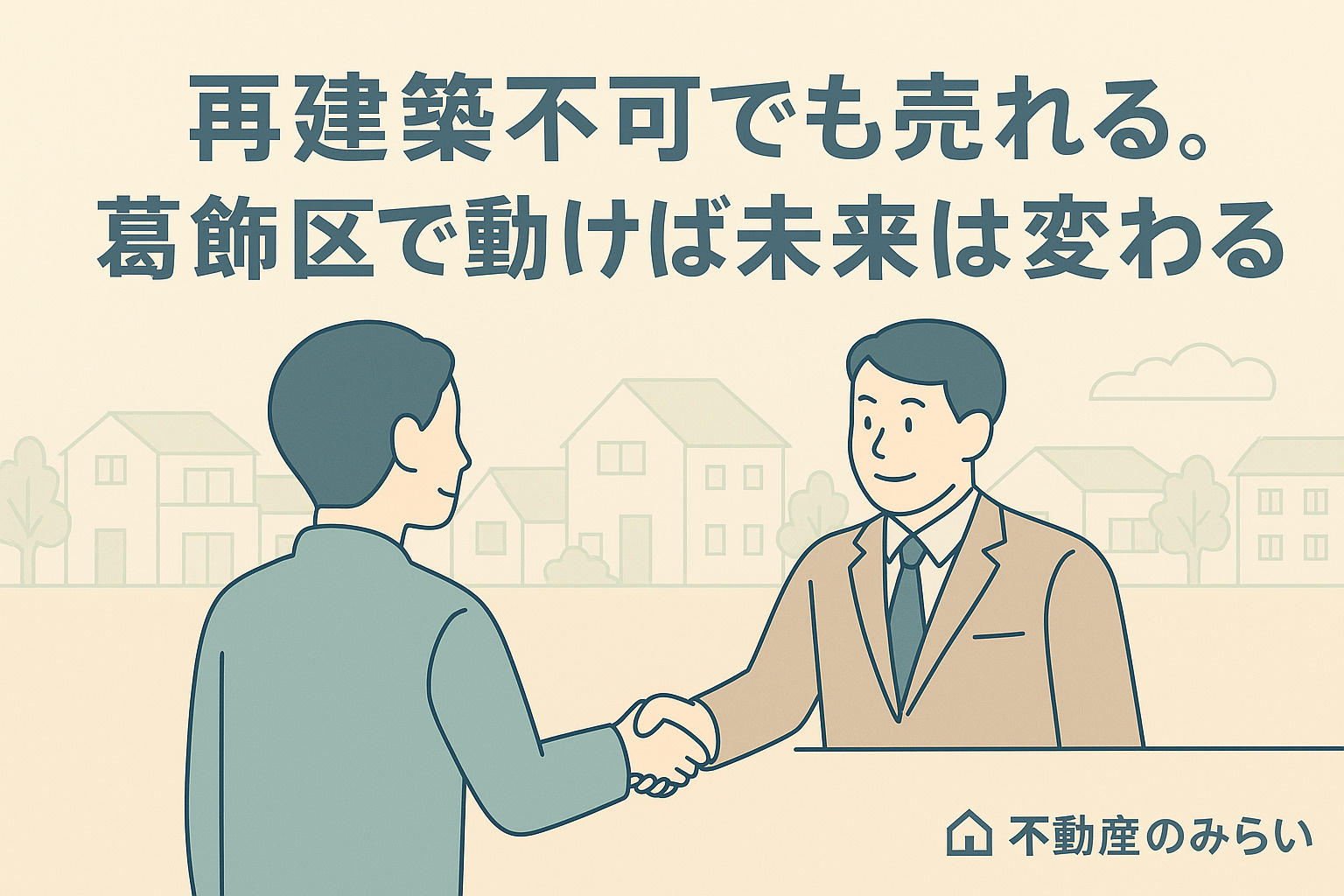 青×グレーの柔らかいトーンで、立石の街並みを背景に、青空の下で笑顔の売主とスタッフが握手するシルエット。右下に不動産のみらいロゴ入り。