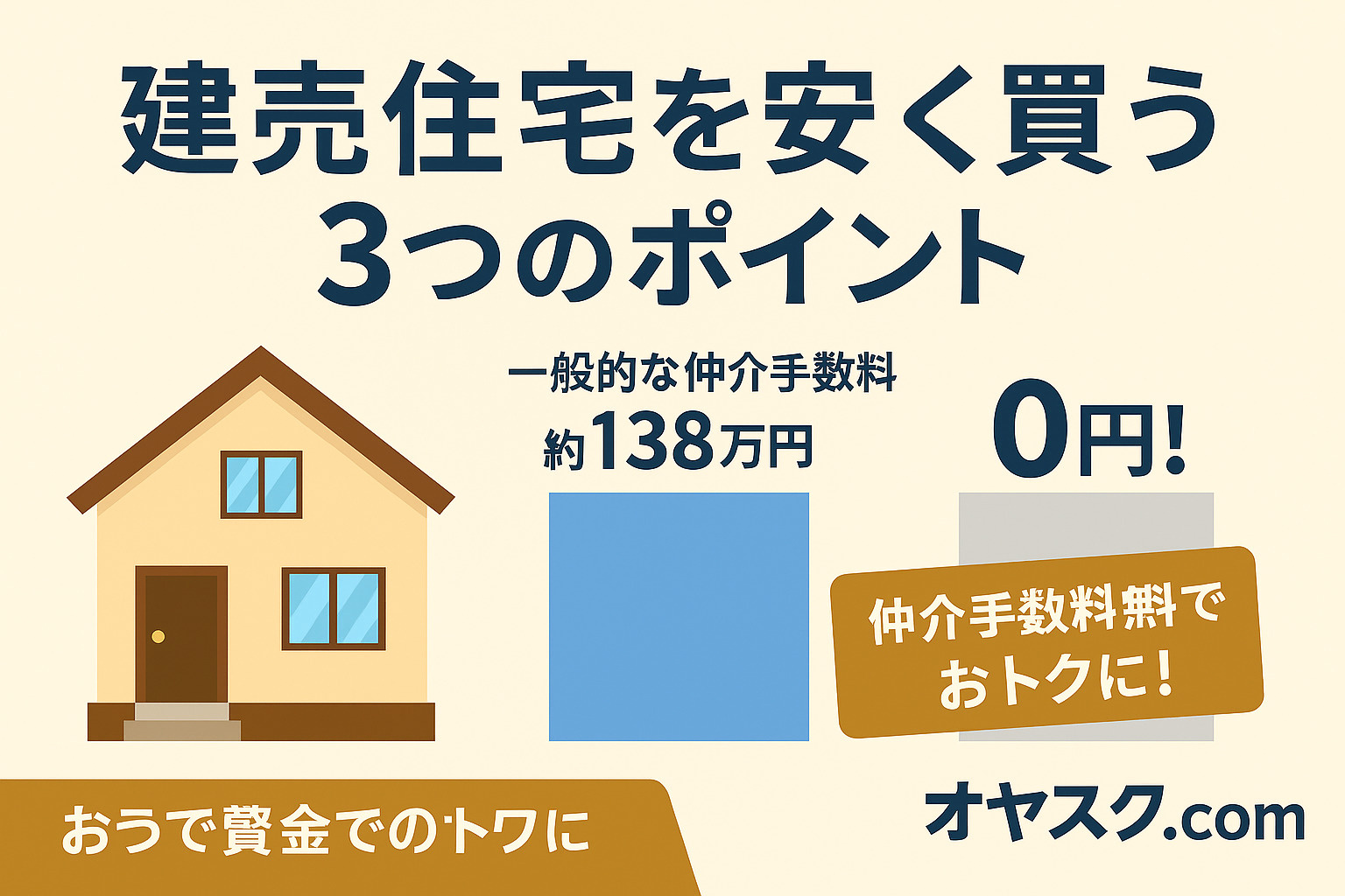 城東エリアの住宅街を背景に「新築戸建て購入の落とし穴」を注意喚起するデザイン。