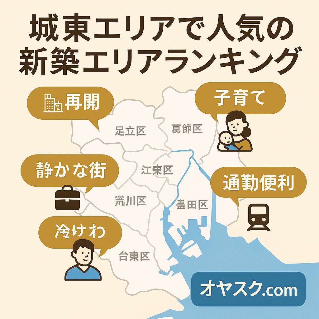 建売住宅を安く買う3つのポイントを示すグラフ入りの不動産広告風イラスト。