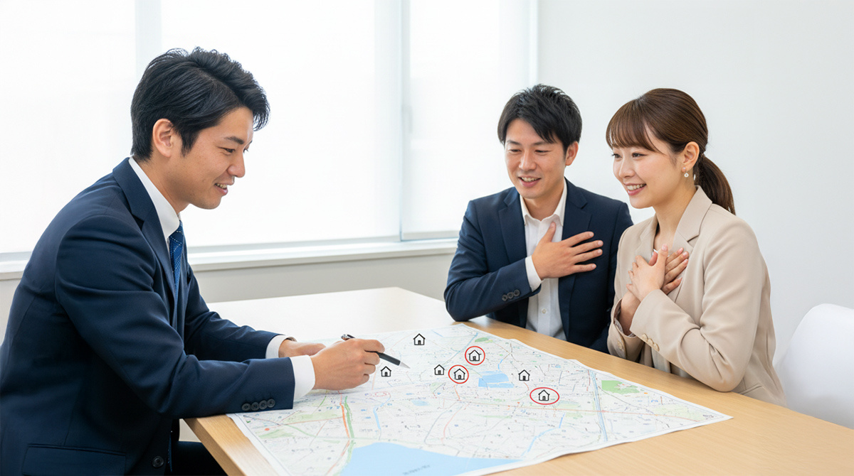 芦屋でのマンション購入について、担当者から親身な提案を受ける夫婦