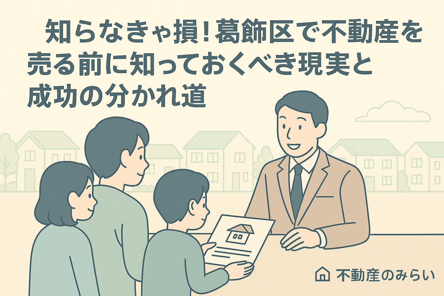 パステル調の青×グレー基調で、葛飾区新小岩の住宅街を背景に、売却を検討する家族と不動産スタッフが資料を見ながら相談しているシルエット。右下に不動産のみらいロゴ入り。