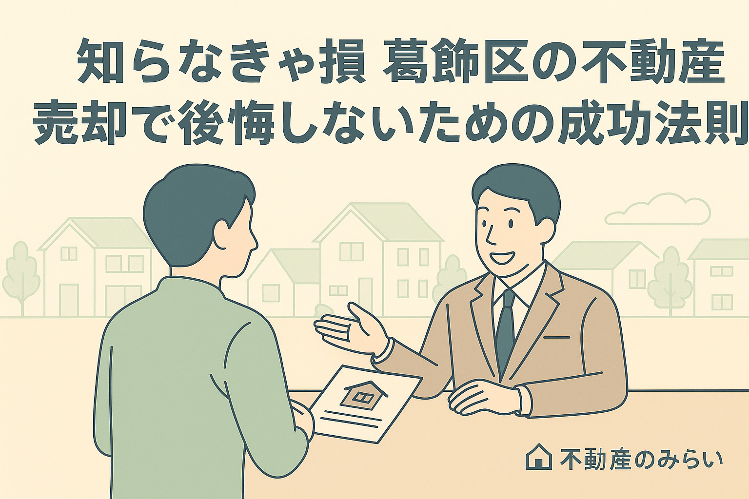パステル調の青×グレー基調で、立石駅前の街並みを背景に、価格表を見ながら悩む売主とアドバイスする不動産スタッフのシルエット。中央上部に章タイトル、右下に不動産のみらいロゴ入り。