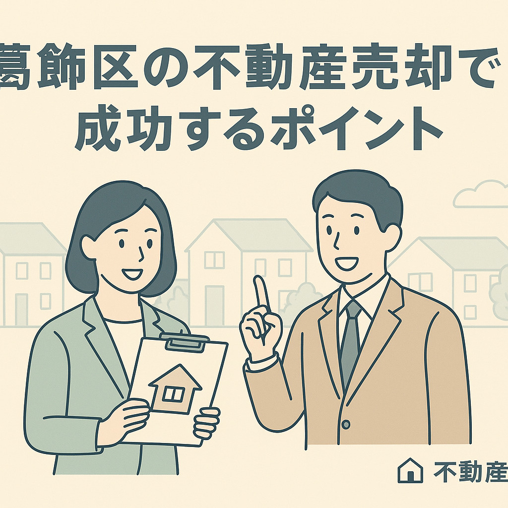 パステル調の青×グレー基調で、新小岩駅周辺の住宅街を背景に、相場グラフをパソコンで確認するスタッフのシルエット。章タイトル入り、右下に不動産のみらいロゴ入り。