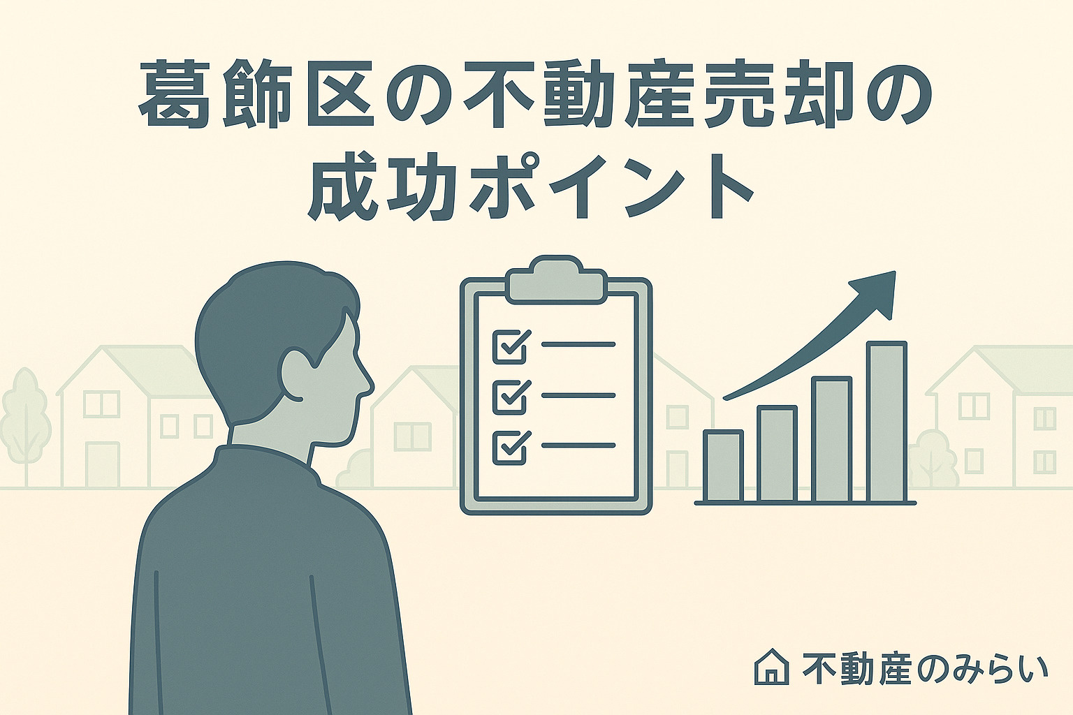 パステル調の青×グレー基調で、お花茶屋の住宅街を背景に、リフォームプランを相談する売主と担当者のシルエット。柔らかい光の中で安心感のある構図。右下に不動産のみらいロゴ入り。