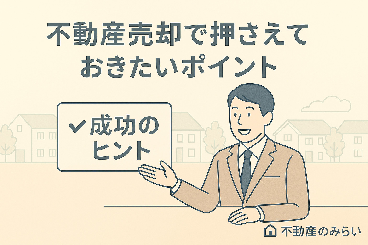 パステル調の青×グレー基調で、葛飾区立石の街並みを背景に、契約書にサインする売主とスタッフのシルエット。信頼感ある構図で右下に不動産のみらいロゴ入り。