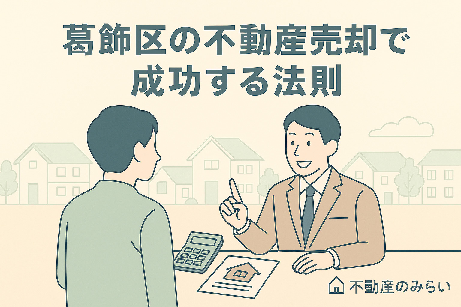 パステル調の青×グレー基調で、立石の住宅街を背景に、笑顔で握手する売主と不動産スタッフのシルエット。成功と信頼をイメージした明るいトーン。不動産のみらいロゴ入り。