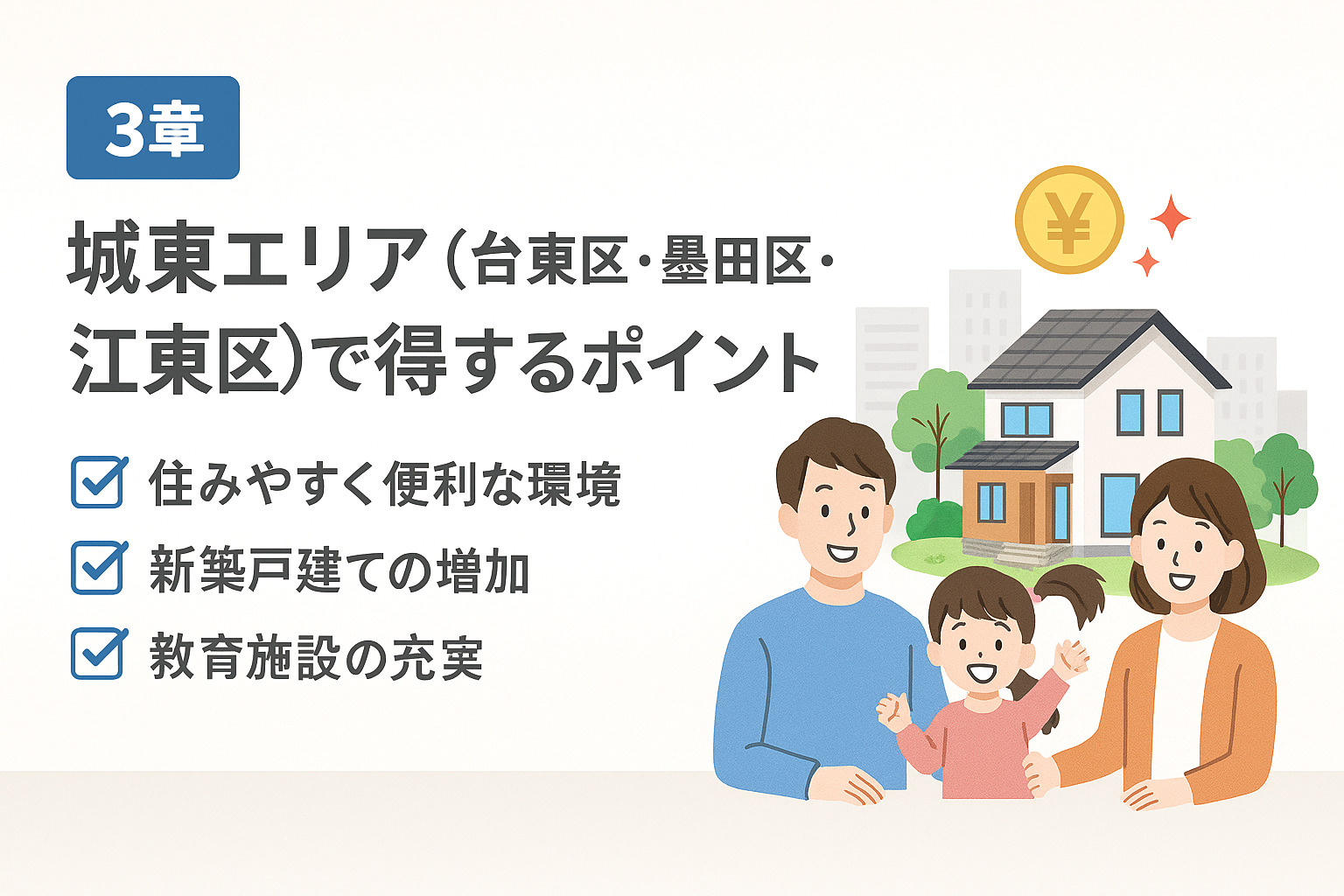 オヤスク.comを利用して新築戸建てを購入した家族の体験談をイラストで表現した画像。