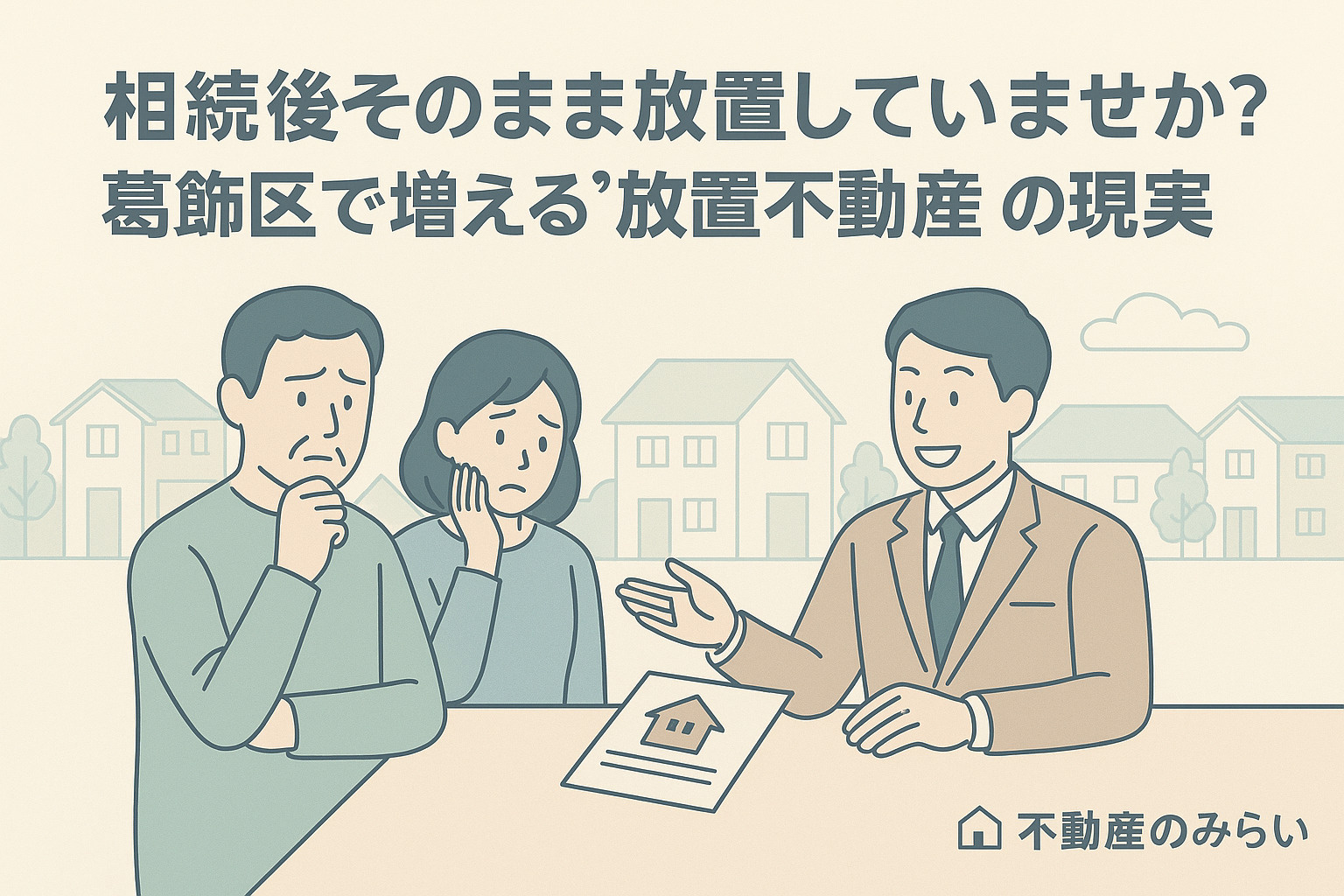 パステル調の青×グレー基調で、葛飾区新小岩の住宅街を背景に、相続後に悩む家族と不動産スタッフが相談しているシルエット。右下に「不動産のみらい」ロゴ入り。