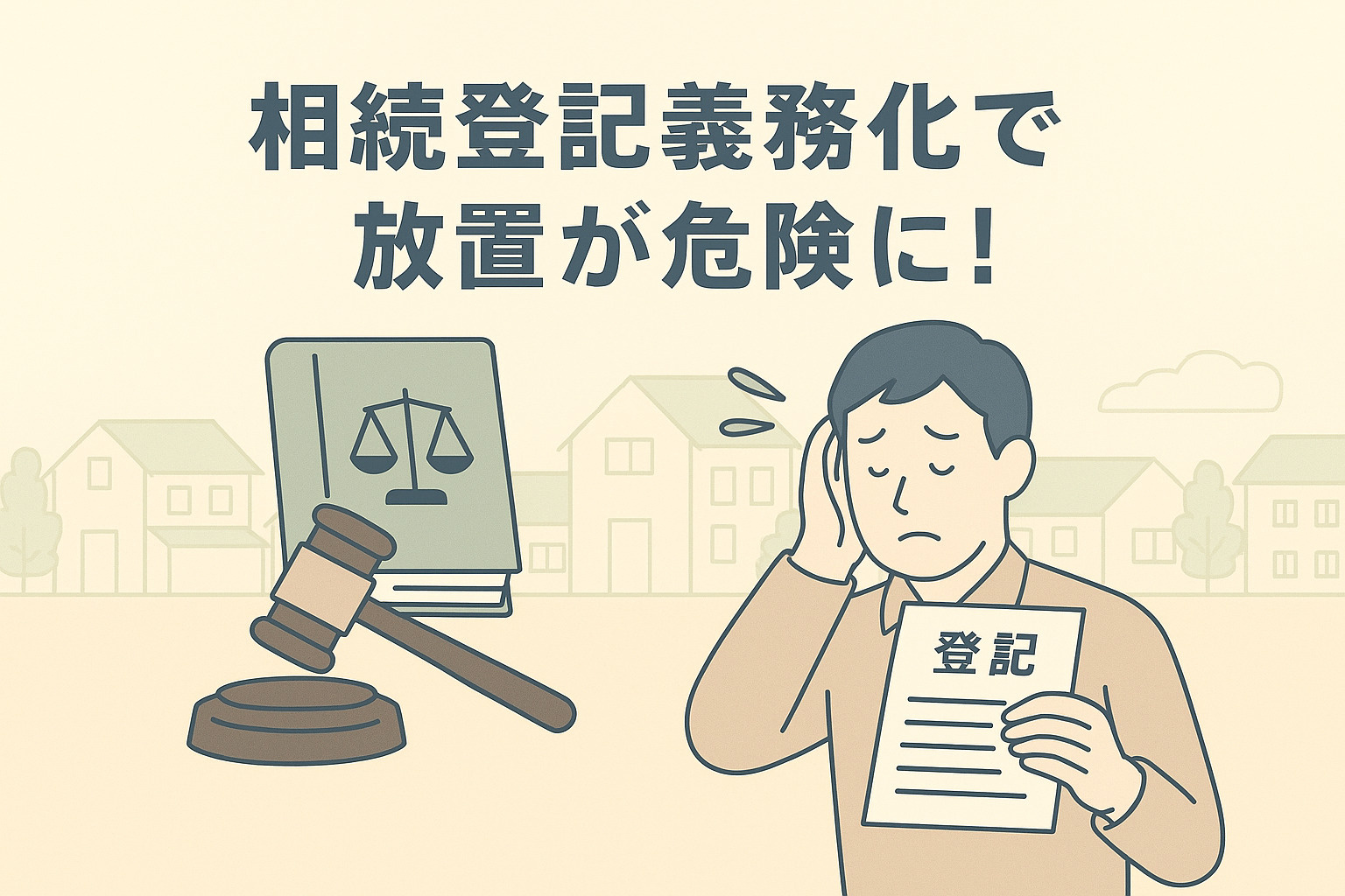 パステル調の青×グレー基調で、区役所庁舎と書類を確認する不動産担当者のシルエット。法改正・手続きの信頼感を表現。右下に「不動産のみらい」ロゴ入り。