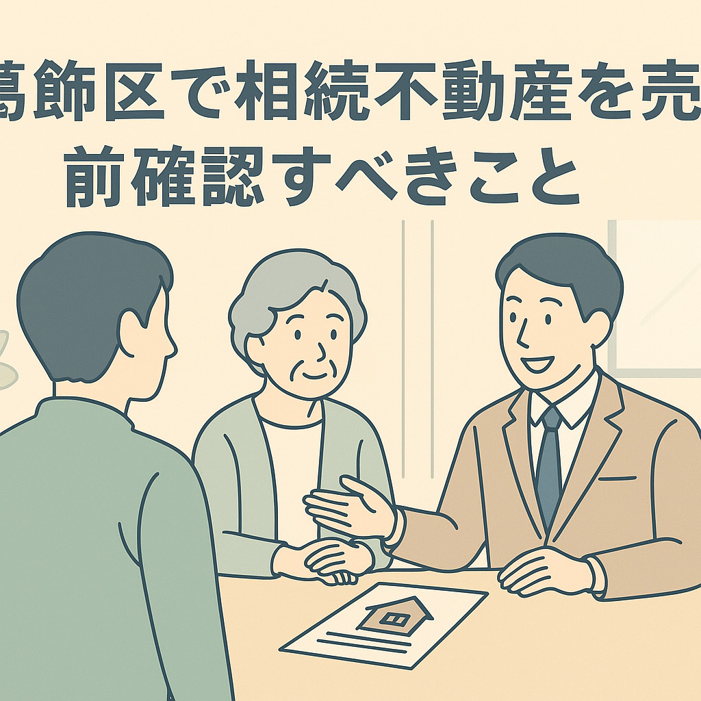 パステル調の青×グレー基調で、お花茶屋エリアの住宅街を背景に、売却プランを説明する不動産スタッフと家族のシルエット。柔らかい光で安心感を演出。