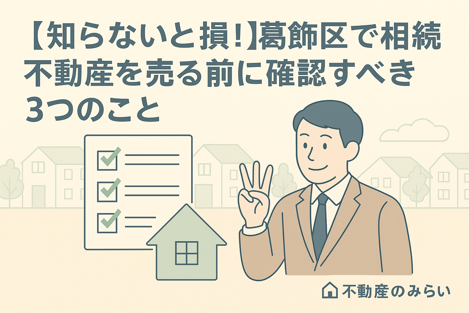 パステル調の青×グレー基調で、契約書にサインする売主と不動産スタッフのシルエット。地域密着の信頼を感じさせるデザイン。