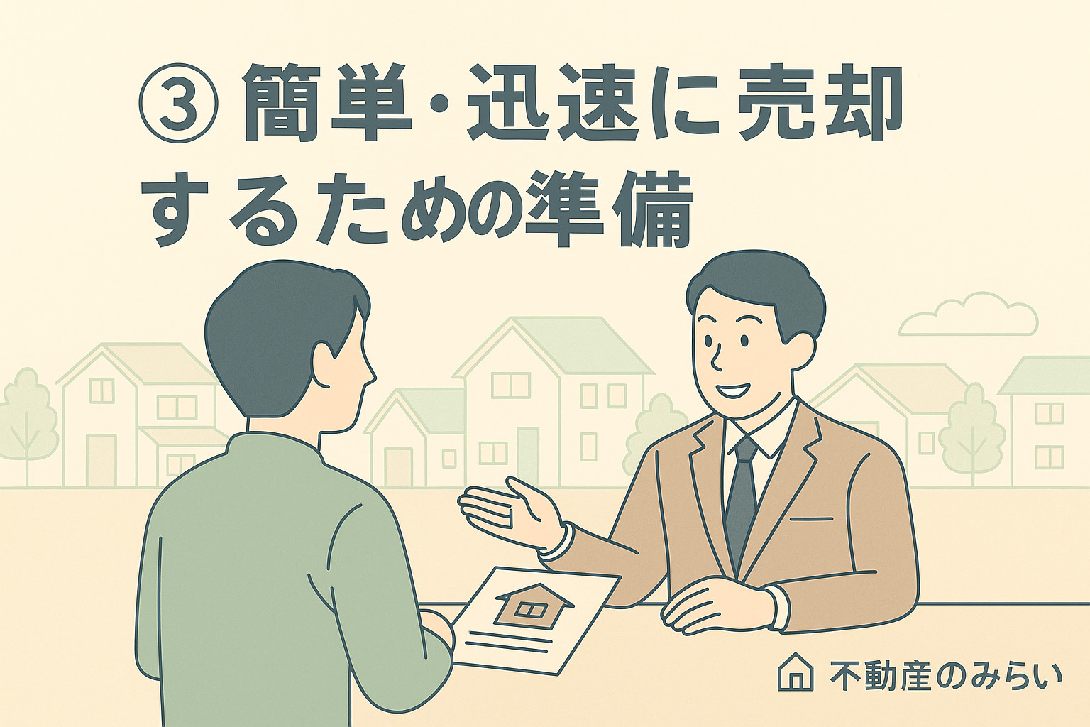 パステル調の青×グレー基調で、葛飾区の住宅街を背景に、笑顔で握手する売主とスタッフのシルエット。信頼・安心・再出発を象徴。