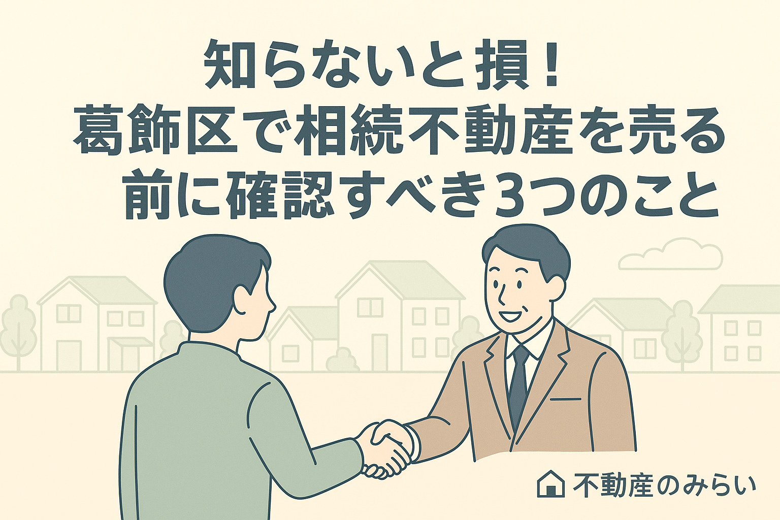 パステル調の青×グレー基調で、柔らかい光に包まれた住宅街を背景に、安心して再出発する家族のシルエット。不動産のみらいロゴ入り。