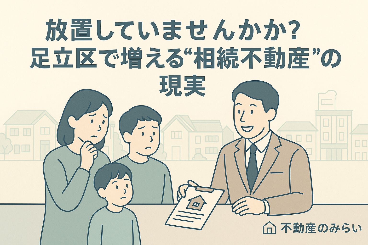 パステル調の青×グレー基調で、足立区綾瀬の住宅街を背景に、相続後に悩む家族と不動産スタッフが相談しているシルエット。右下に「不動産のみらい」ロゴ入り。