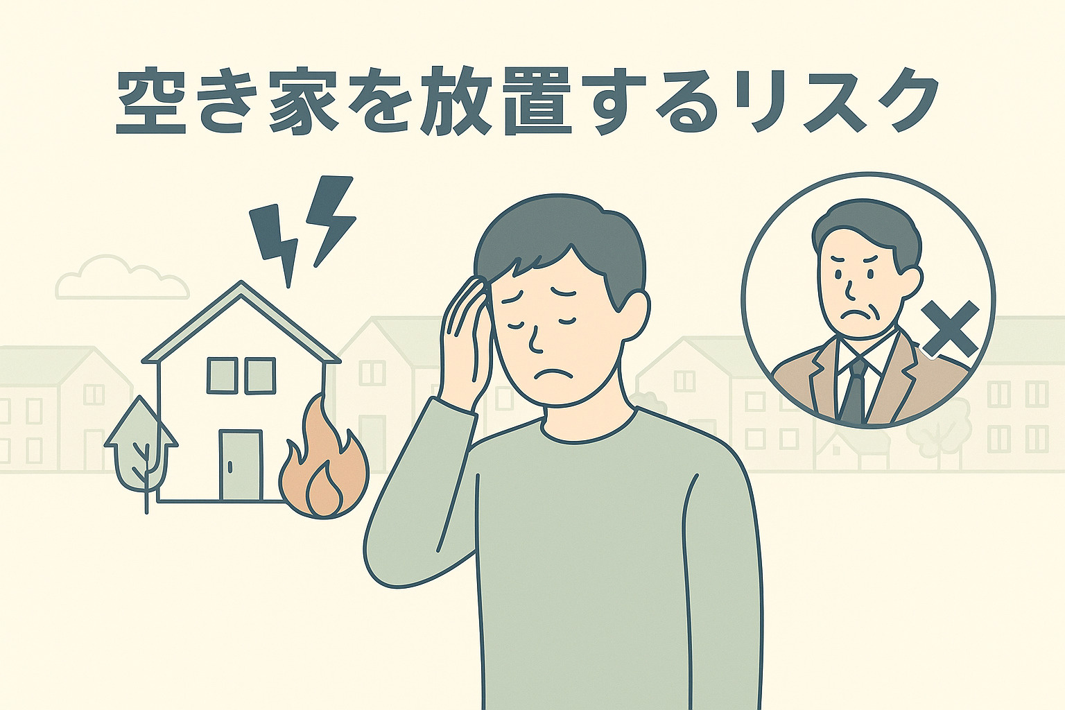 パステル調の青×グレー基調で、竹ノ塚の街並みを背景に、老朽化した家屋を前に困っている家族のシルエット。中央上部に章タイトル入り、右下にロゴ入り。