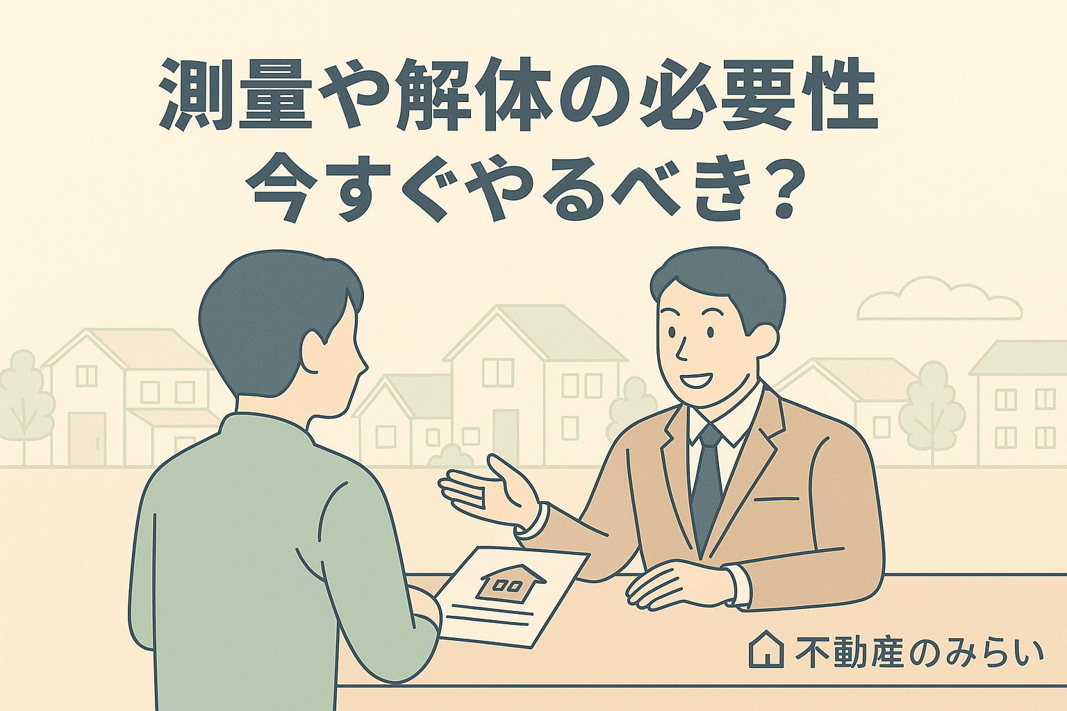 パステル調の青×グレー基調で、契約書にサインする売主と不動産スタッフのシルエット。地域密着の信頼を感じさせるデザイン。