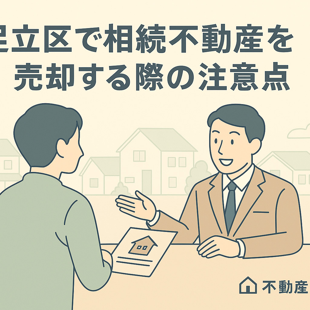 パステル調の青×グレー基調で、足立区綾瀬の住宅街を背景に、笑顔で握手する売主とスタッフのシルエット。信頼・安心・再出発を象徴。