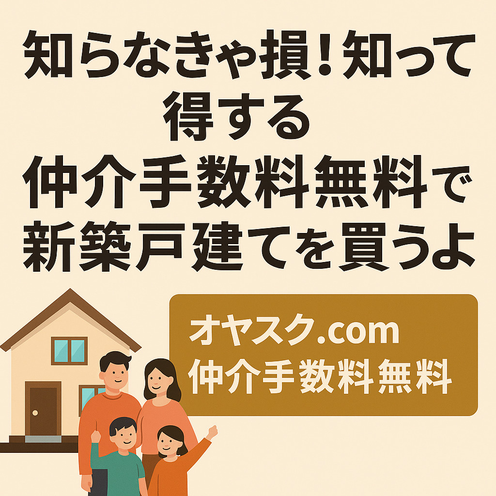 城東エリアで仲介手数料無料の新築戸建てを購入する家族と、オヤスク.comのLINE・HP相談バナーのイメージ。