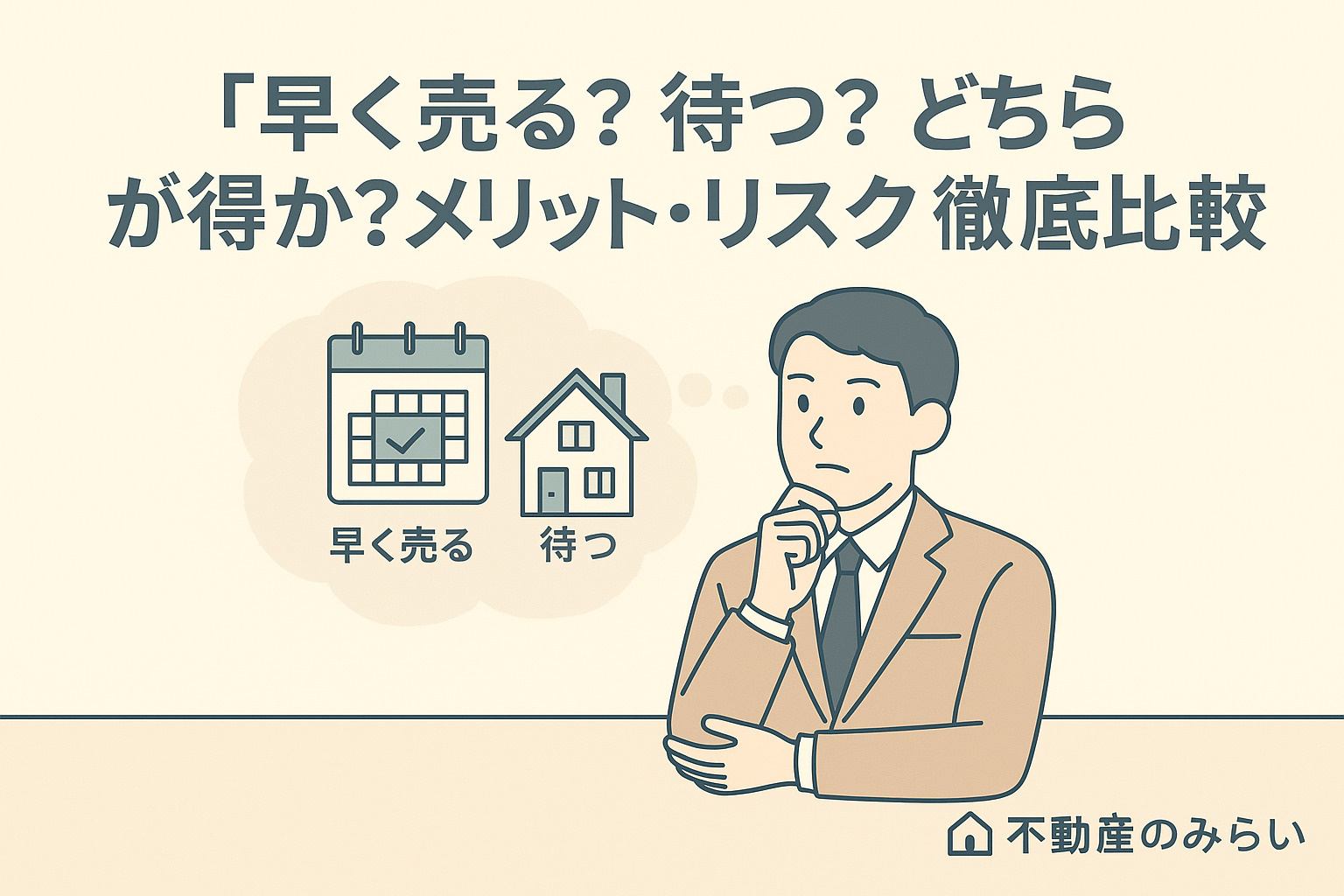 2つの道に分かれる看板の前で悩む人物シルエット。「早く売る」「待つ」を対比。背景は柔らかな青空。右下に「不動産のみらい」ロゴ入り。