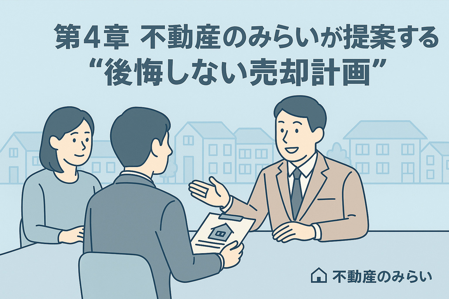 不動産のみらいのスタッフチームが机を囲み、戦略資料を見ながら相談しているイラスト。信頼感ある青グレー基調。右下にロゴ入り。