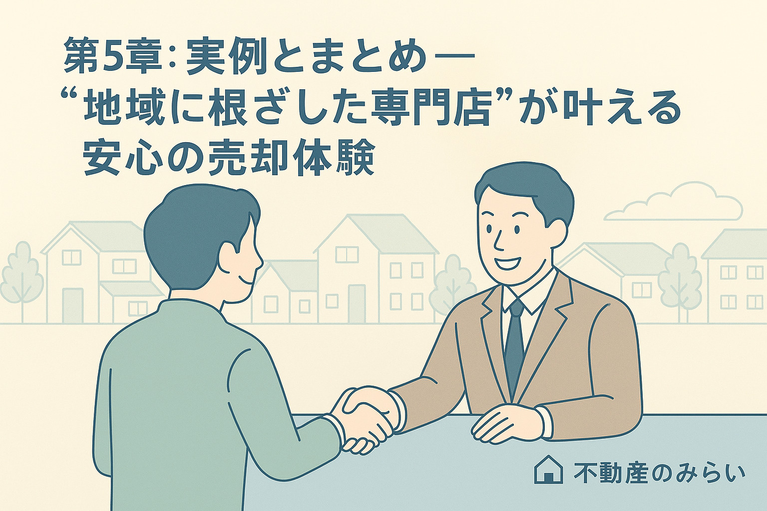 売主とスタッフが笑顔で握手するフラットデザイン。背景に住宅街と明るい空。上部にタイトル「地域に根ざした専門店が叶える安心の売却体験」。右下にロゴ入り。