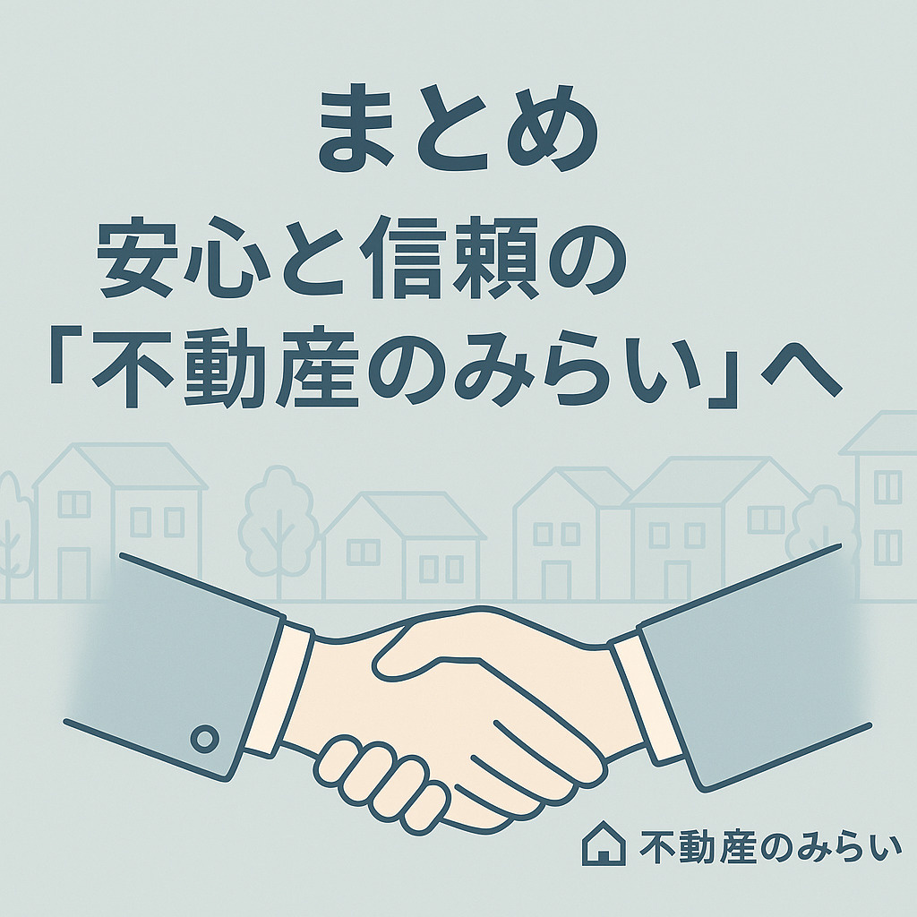 柔らかな青グレー背景に「安心・信頼・地域密着」の文字。握手のシルエットと「不動産のみらい」ロゴ入りで締めくくり。穏やかな印象。